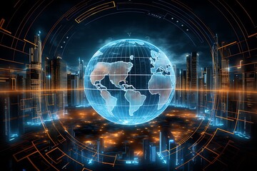 Digital world globe hologram over futuristic cityscape at night time
