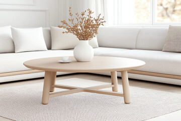 A minimalist living room with a modern, clean aesthetic, featuring a round wooden coffee table and a white sofa.