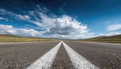 Naklejka premium Empty asphalt road stretching into a vast, sunny landscape under a partly cloudy sky. Two white lines mark the center of the road