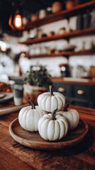 small pumpkins and white mini pumpkins on a wooden plate