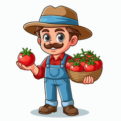 Cartoon drawing of a farmer character, wearing overalls and a hat, holding a tomato and a basket full of tomatoes.  He is depicted in a cheerful and positive manner.