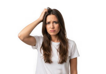 Confused woman scratching head portrait isolated on transparent background