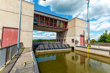 bridge over the river. Federal waterway Main-Donau-canal, German: Bundeswasserstraße Main-Donau-Kanal. view from the floodgate Eckersmühlen (Haimpfarrich) Roth, Bavaria, Middle Frankonia, Germany