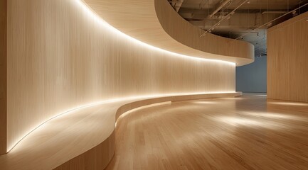 Obraz premium Modern, light-filled gallery space with curved, light-wood walls and floor