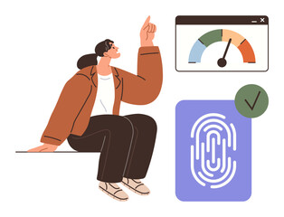 Woman pointing toward a performance gauge, a digital fingerprint icon, and a checkmark. Ideal for technology, security, identity verification, progress tracking, user authentication, innovation
