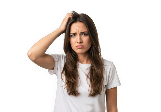 Confused woman scratching head portrait isolated on transparent background