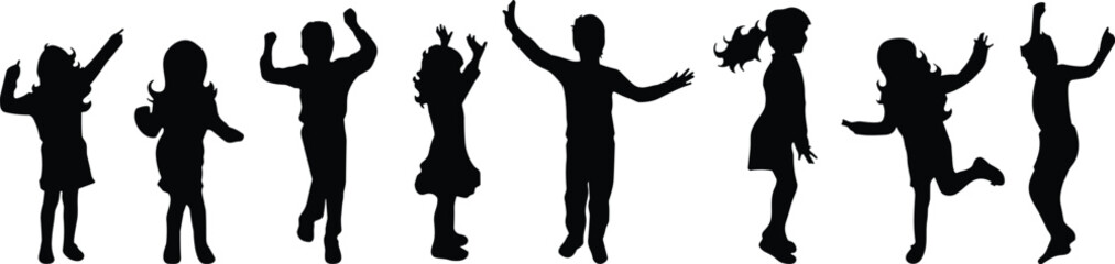 Children silhouette set, playful poses, jumping and dancing kids, energetic movement, black figures, body language, vector illustration, childhood activity