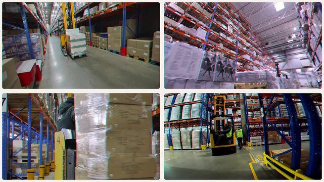 Multiscreen opener logistics center. Logistics center infographics. Logistics center opener. Large multi-level warehouse with shelving and goods, inside.  Inventory & Warehouse Management