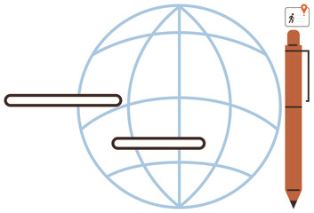 Transparent globe outline with editable text bars, orange pen, and navigation icon symbolizes communication, travel, education, research, global business, navigation, simple flat metaphor
