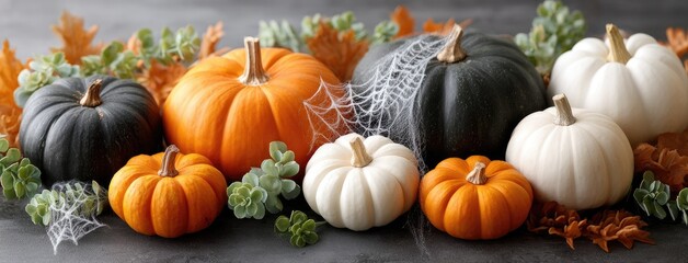 Pumpkins in various colors alongside autumn leaves and spider webs make an inviting Halloween setting on a dark surface