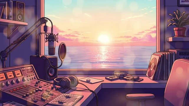 Cartoon Radio Studio Interior with a Mixing Console Microphone and Ocean Sunset View from Window with Records and Cassettes on Desk
