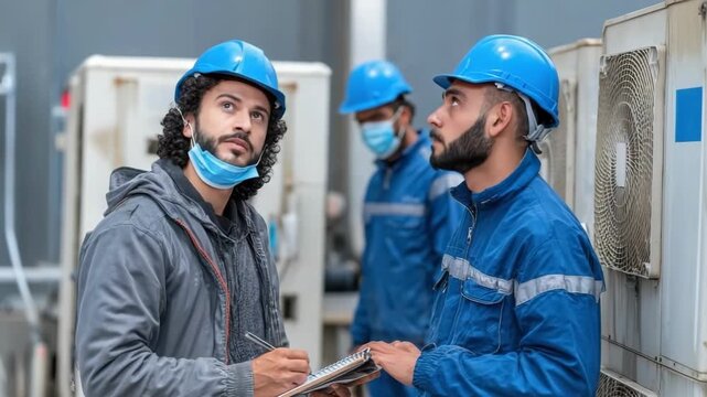 Three diverse workers in blue hard hats and masks assess outdoor HVAC units one writing notes on a clipboard