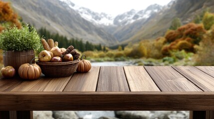 Fototapeta premium Rustic wooden table adorned with pumpkins, apples, and corn against a breathtaking autumn mountain backdrop creates a seasonal atmosphere