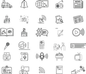 News media Web Icon Set in Line Style. Collection of Mass media Linear Icons, Including tv, radio, newspaper, magazine, news, broadcasting, press, interview microphone, and more. Editable Stroke