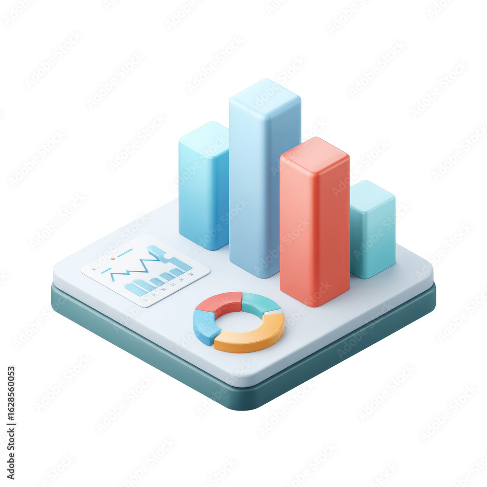 Poster 3d infographic icon with bar graphs and pie chart on transparent background for data visualization