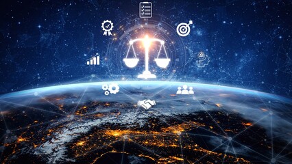 Futuristic digital law interface displaying justice scale, highlighting digital law, AI compliance,...