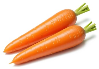 Two vibrant orange carrots with green tops on white vegetable