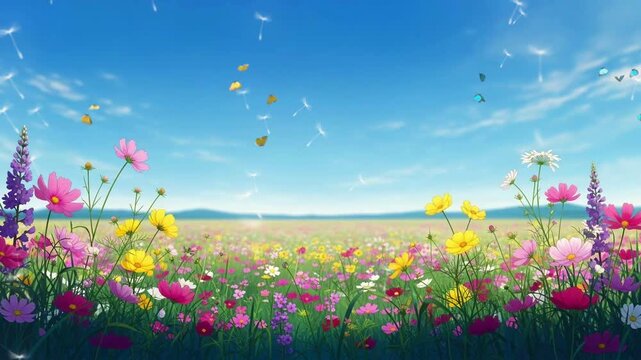 Vibrant Flower Meadow with Butterflies Under Blue Sky Dandelions and Distant Hills in a Colorful Floral Landscape