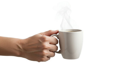 Hand holding hot coffee mug with steam isolated on black background for morning beverage concept idea