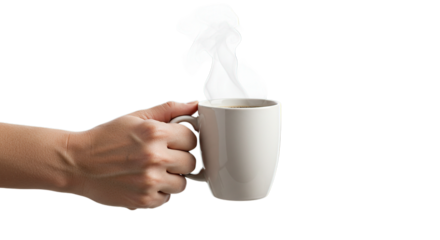 Hand holding hot coffee mug with steam isolated on black background for morning beverage concept idea