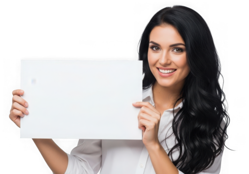 Smiling woman holding blank sign mockup isolated on transparent background