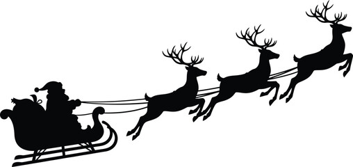Santa claus and reindeer sleigh silhouette flying through the sky