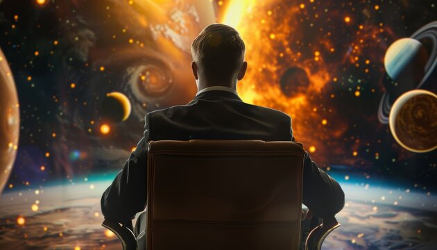 A scientist sits in a wheelchair against the backdrop of space with planets. The astronomer dreams of conquering the universe.
