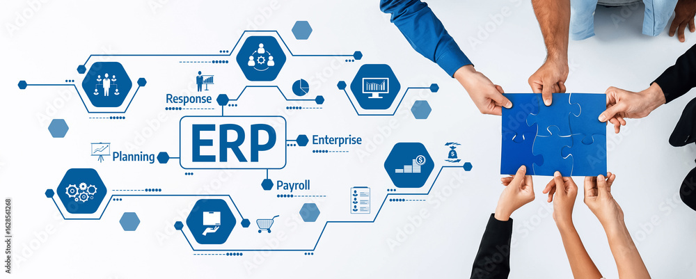 Poster engaging image depicting collaborative teamwork on erp solutions, showcasing puzzle pieces and workf