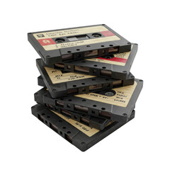 Obraz premium Neatly stacked vintage audio cassette tapes with handwritten labels & subtle wear, isolated on a pristine plain white studio background with bright, shadowless lighting, concept of organized