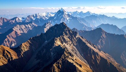 Mountain Range Aerial View with Snow-capped Peaks Landscape