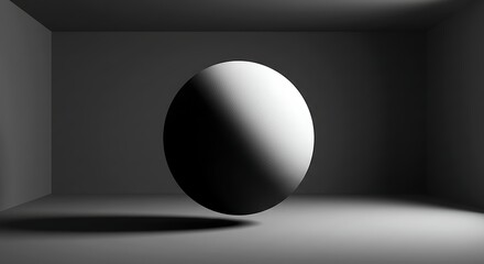 A grayscale sphere hovers in a dimly lit, minimalist room, illuminated by a single light source casting a dramatic shadow.