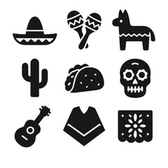A collection of black glyph icons representing Mexican culture and traditions, featuring a sombrero, maracas, taco, and sugar skull.
