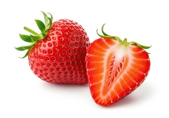 Whole and halved ripe red strawberries with green leaves on white strawberry fruit