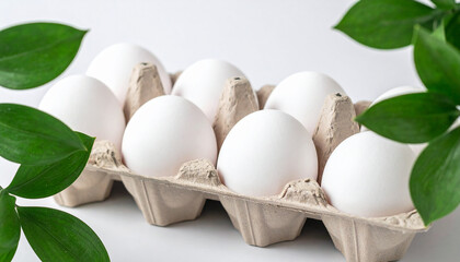 Organic white chicken eggs in eco-friendly carton box with green leaves, minimal natural design.