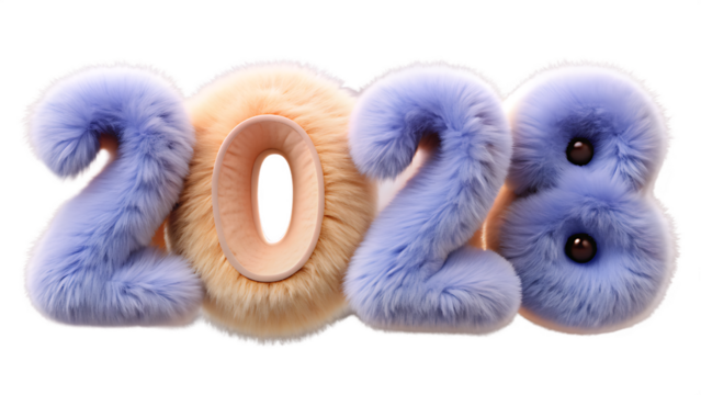 Fluffy and soft purple and beige numbers forming the year 2028 isolated on transparent background