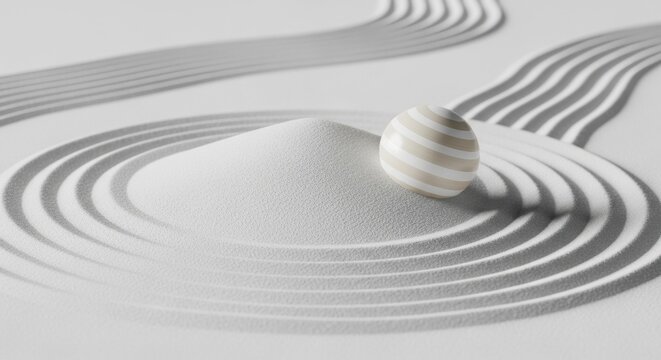 Minimalist sand garden with concentric patterns and a striped sphere promoting harmony