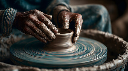 Close-up of artisan hands shaping clay on a spinning pottery wheel	