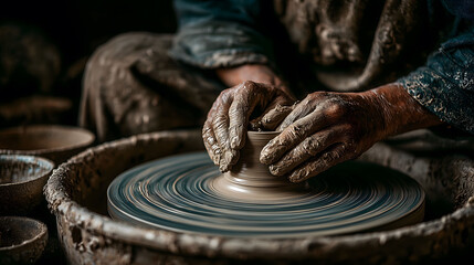 Close-up of artisan hands shaping clay on a spinning pottery wheel	