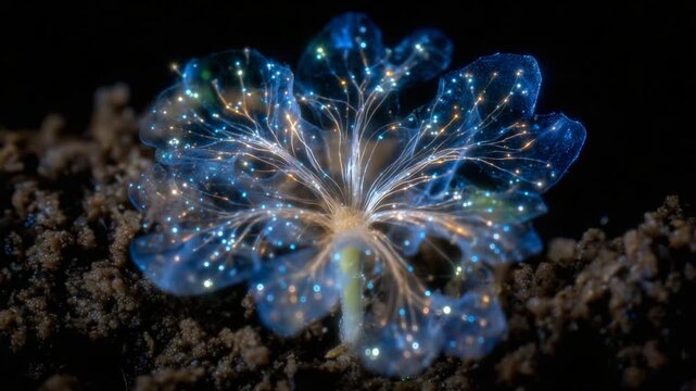 Explore the microscopic view of a seed coating with beneficial microbes boosting root growth, set against a dark soil-like backdrop.