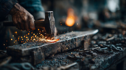 Blacksmith hitting anvil with great hammer	