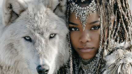 Beautiful wild native American woman with white wolf	