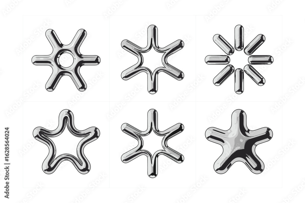 Poster shiny chrome star shapes set: abstract geometric design elements for modern art, decoration and bran