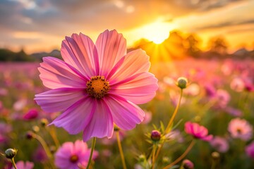 Closeup of a beautiful pink cosmos flower in a field during a warm, golden hour sunset