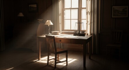 Atmospheric portrayal of a traditional study, illuminating intellect and law aspects