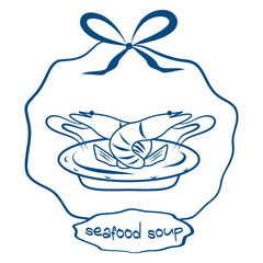 Seafood Soup Ink Label Drawing, Marine Soup Dish Badge with Bow, Hand drawn Mediterranean Soup Emblem