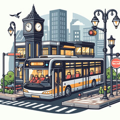 Vibrant, cartoon-style illustration of a city street scene with a modern bus in the foreground. A clock tower and buildings are part of the background.