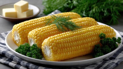 Smoky corn on the cob garnished with herbs and fennel, set outdoors on a table during a lively summer picnic, showcasing vibrant colors