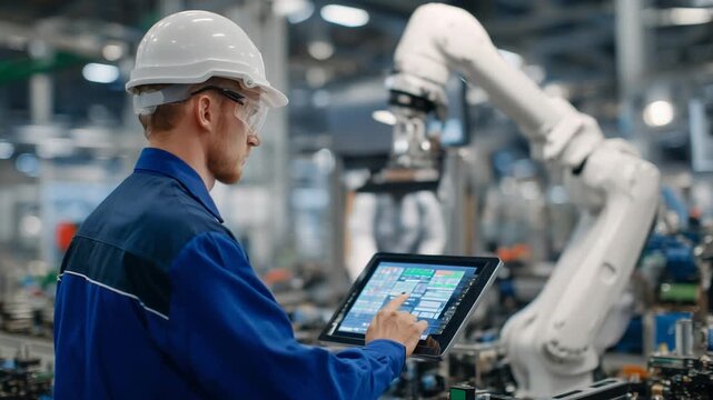 A technician oversees a collaborative robot's precise movements via a digital touchscreen in a high-tech electronics assembly line.