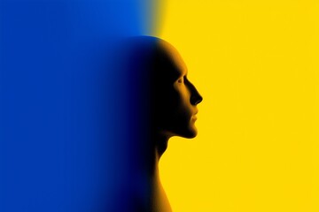 Vertical 4K abstract wallpaper with human head silhouette fading from vibrant yellow to deep blue, symbolizing mood, thought transition, personal transformation, modern conceptual design