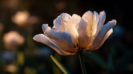Delicate white flower with dew drops illuminated by warm morning sunlight